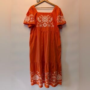 Joanie Orange Cotton Embroidered Midi Dress Square Neck Smocked Back 24S2JLDD011